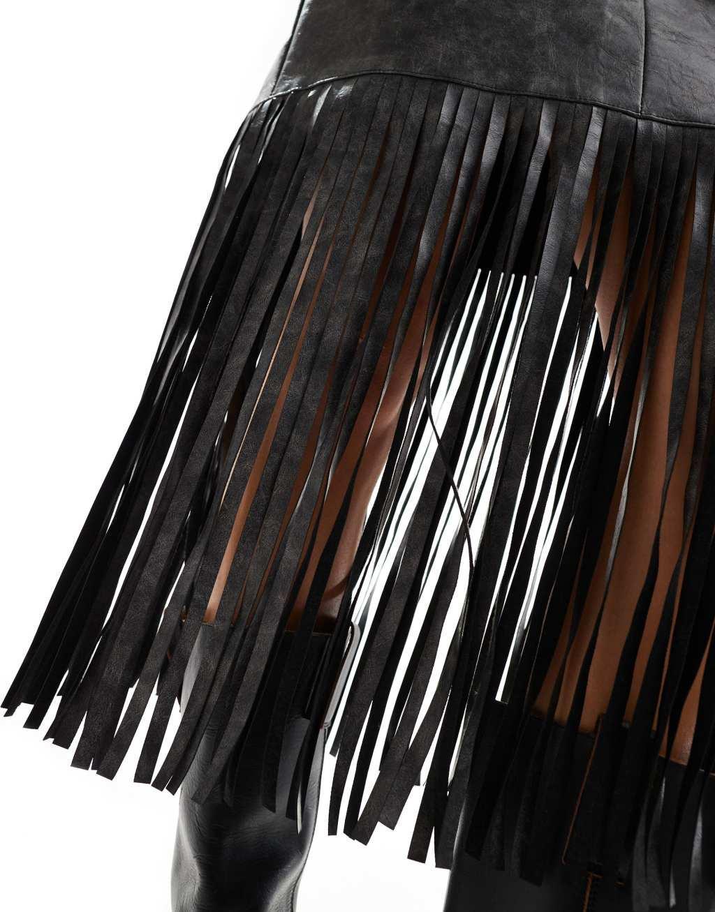 ASOS DESIGN fringe leather look mini skirt in washed gray Product Image