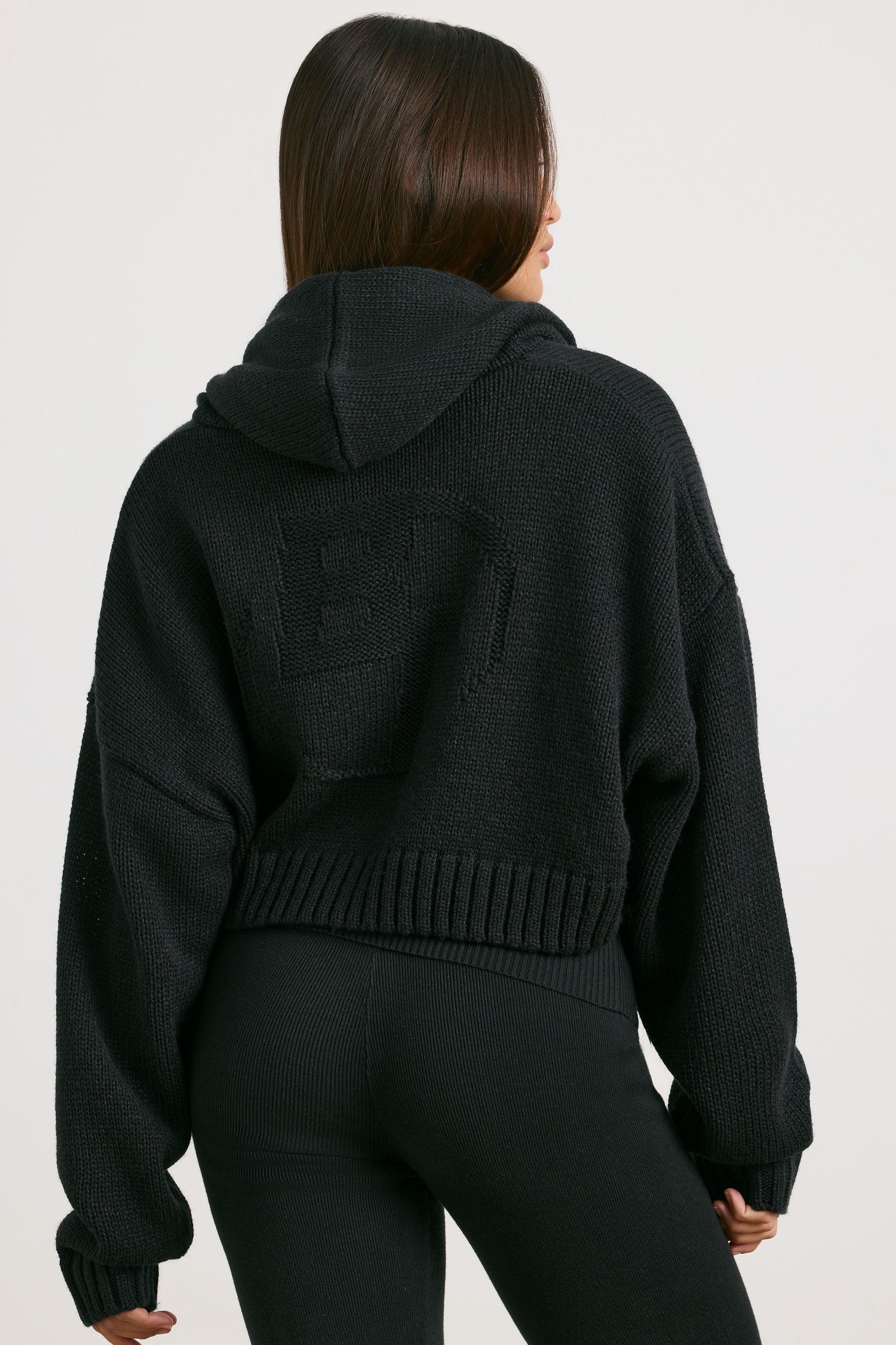 Cropped Zip Up Chunky Knit Hoodie in Black Product Image