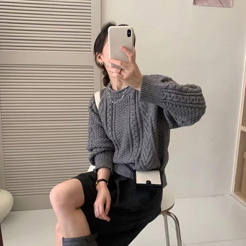 Crew Neck Plain Cable Knit Sweater Product Image