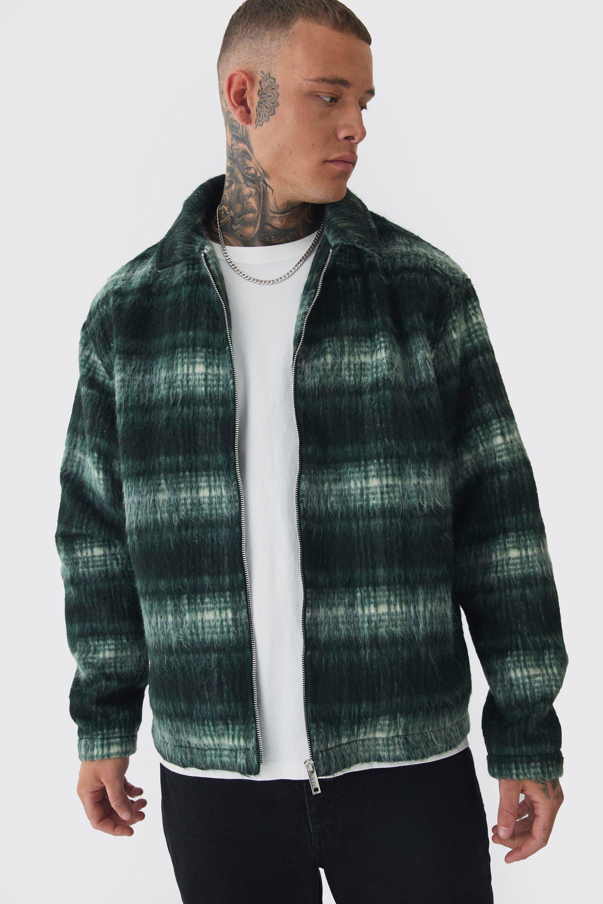 Tall Brushed Plaid Collared Harrington Jacket In Green | boohooMAN USA Product Image