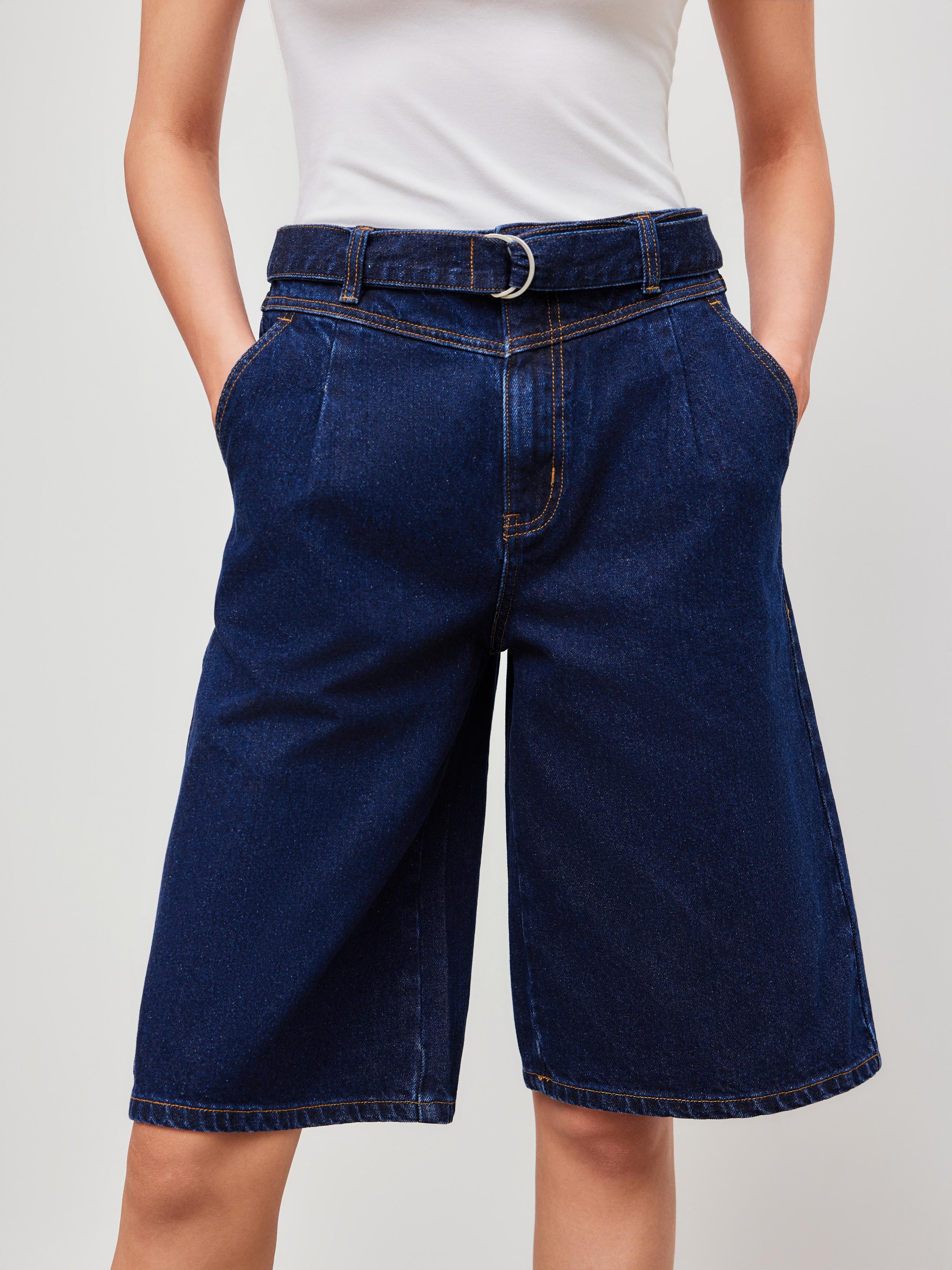 Denim Mid Rise Solid Baggy Jorts With Belt product image