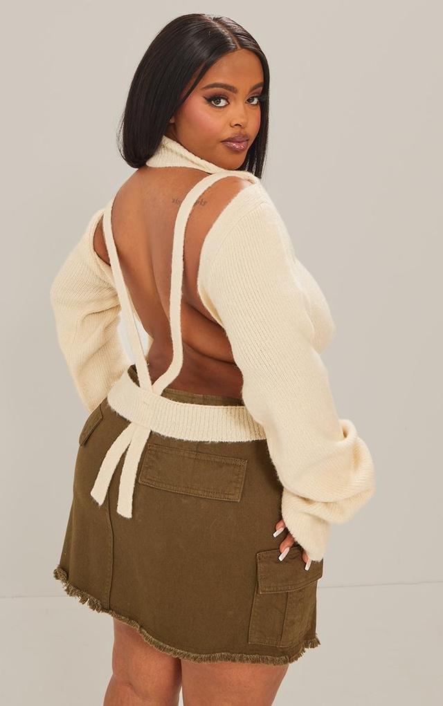 Plus Cream Rib Knit Open Back Cropped Sweater Product Image