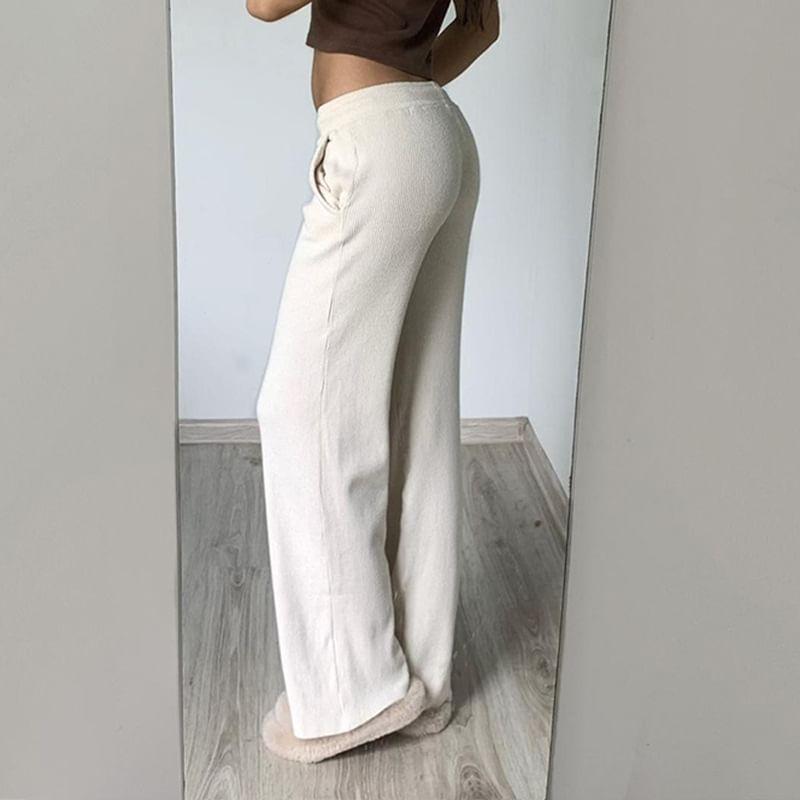 Low Rise Drawstring Plain Knit Straight-Fit Wide-Leg Pants Product Image