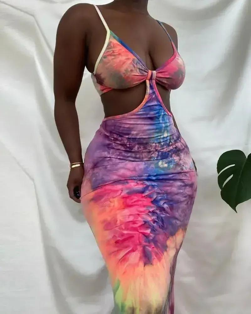 Olivia Mark – Tie-Dye Print Cutout Twisted Mermaid Dress Product Image