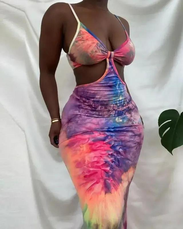 Olivia Mark – Tie-Dye Print Cutout Twisted Mermaid Dress Product Image