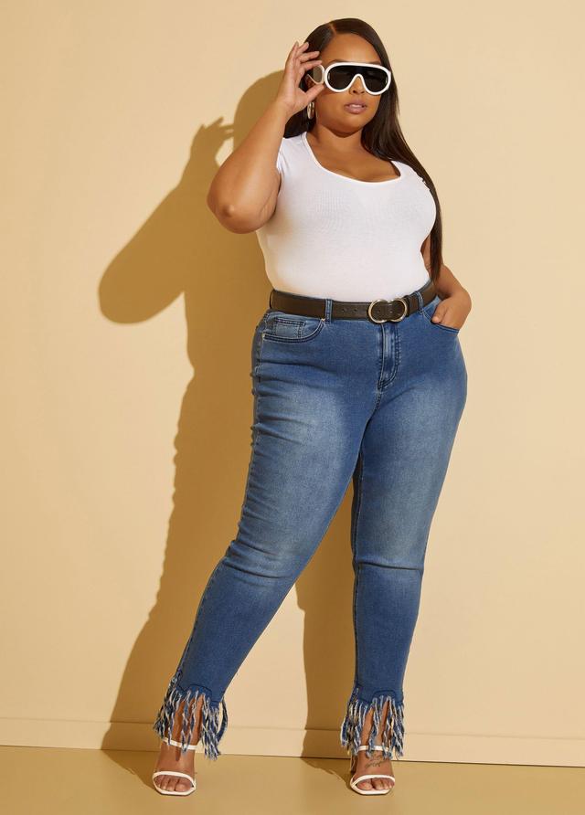 Plus Size Mid Rise Fringed Skinny Jeans Ashley Stewart Product Image