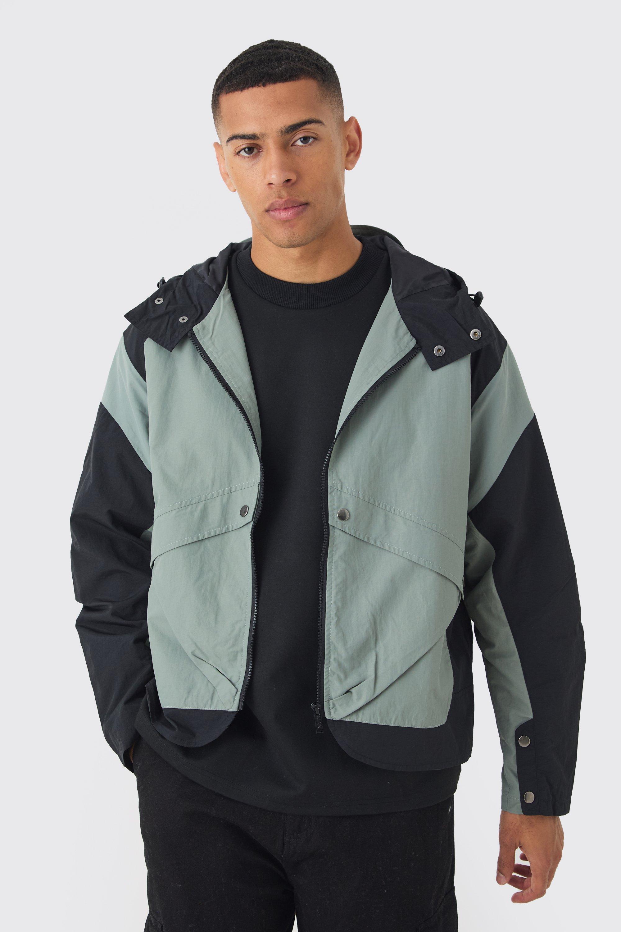 Colourblock Hooded Tech Windbreaker In Grey | boohooMAN USA Product Image