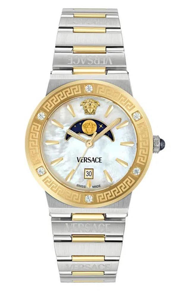 VERSACE Greca Logo Moonphase Bracelet Watch, 38mm In Metallic Product Image