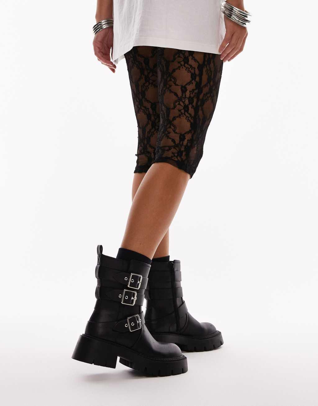 Topshop Wide Fit Luke chunky biker boots with buckle detail in black Product Image