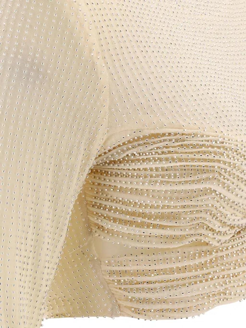 Beaded Mesh Crossover Strap Cropped Top In Beige Product Image