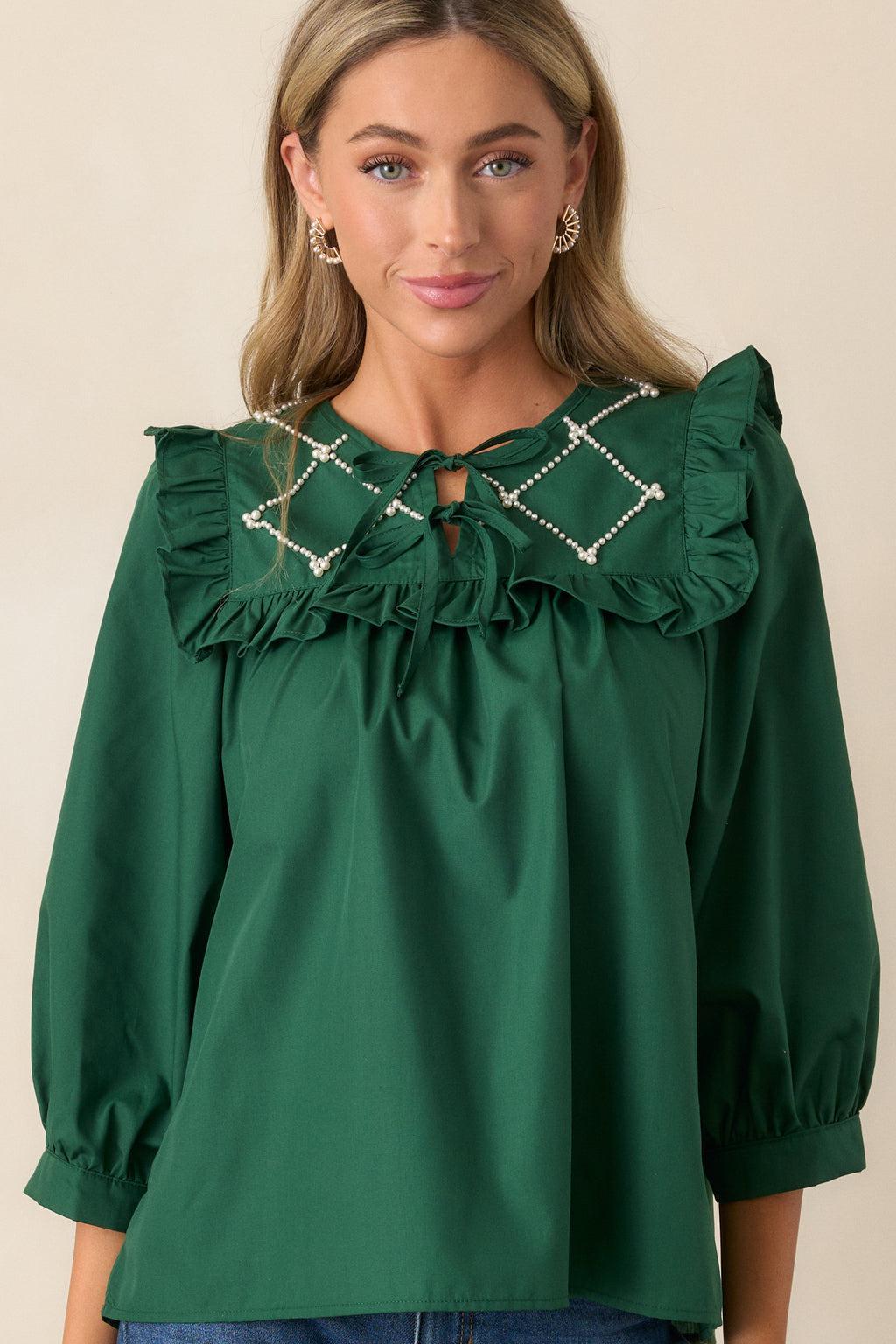 It Happens Hunter Green Ruffle Puff Sleeve Top Product Image