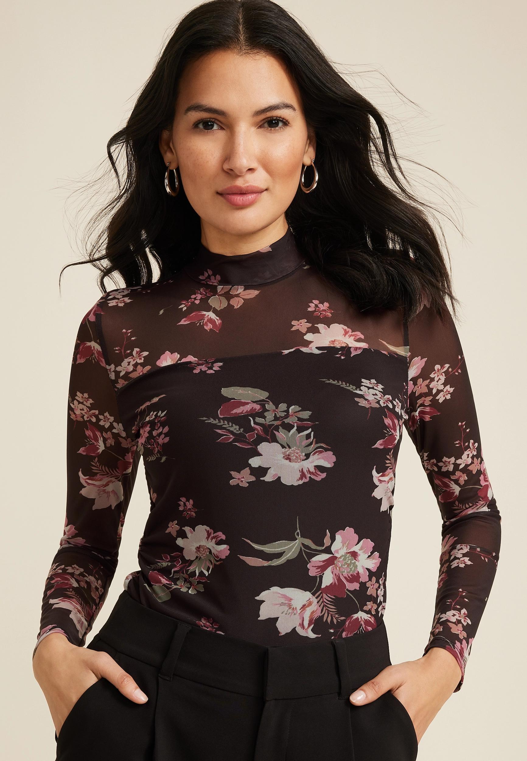 Floral Mesh Mock Neck Blouse Product Image