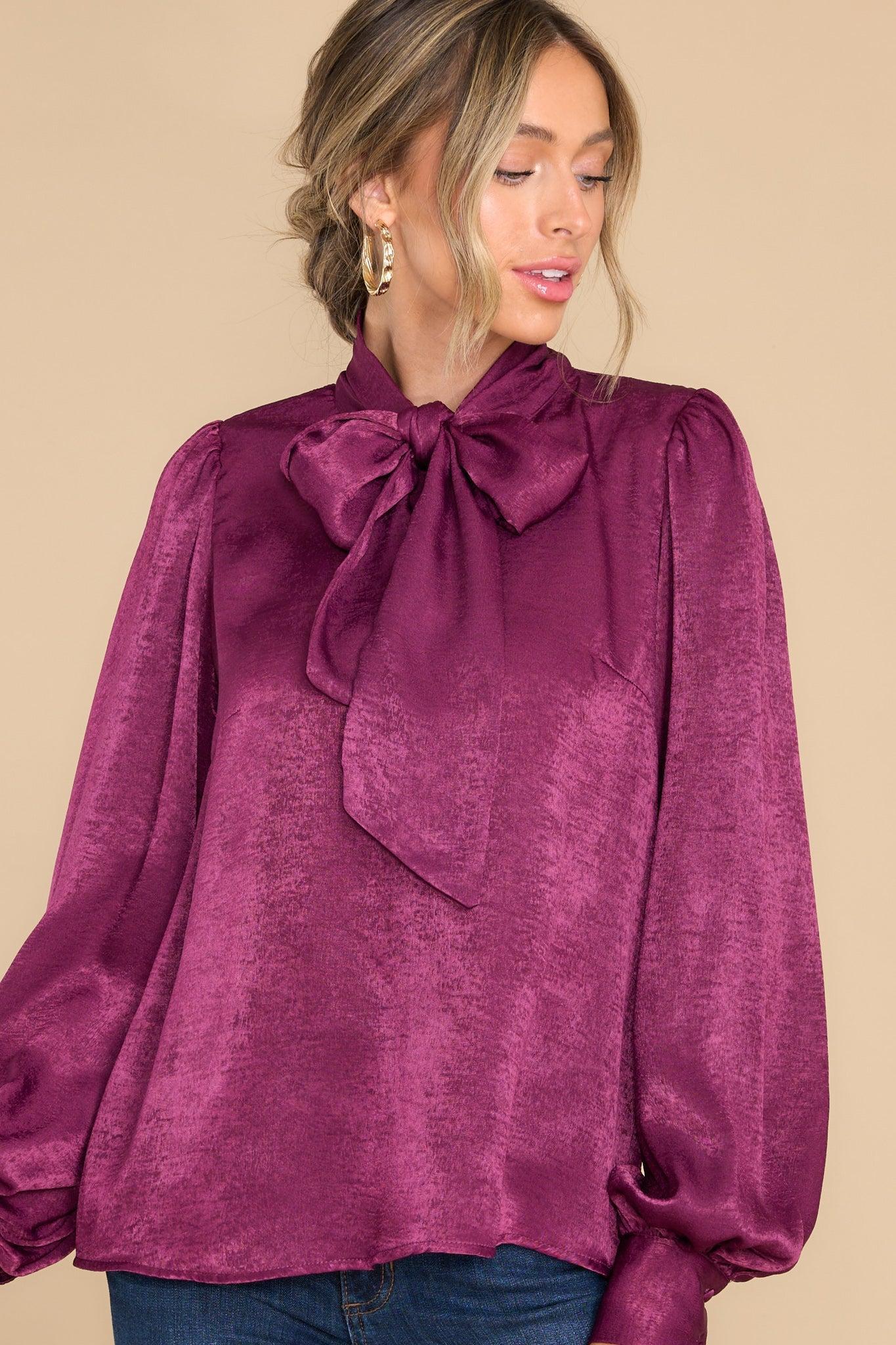 Aura I'm In Charge Dark Purple Tie Neck Top Product Image