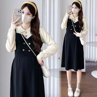 Maternity Long-Sleeve Collar Two Tone Mock Two-Piece A-Line Dress Product Image