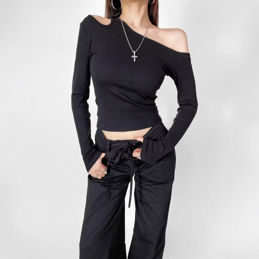 Long Sleeve Cold-Shoulder Plain Cut-Out Slim-Fit Top Product Image