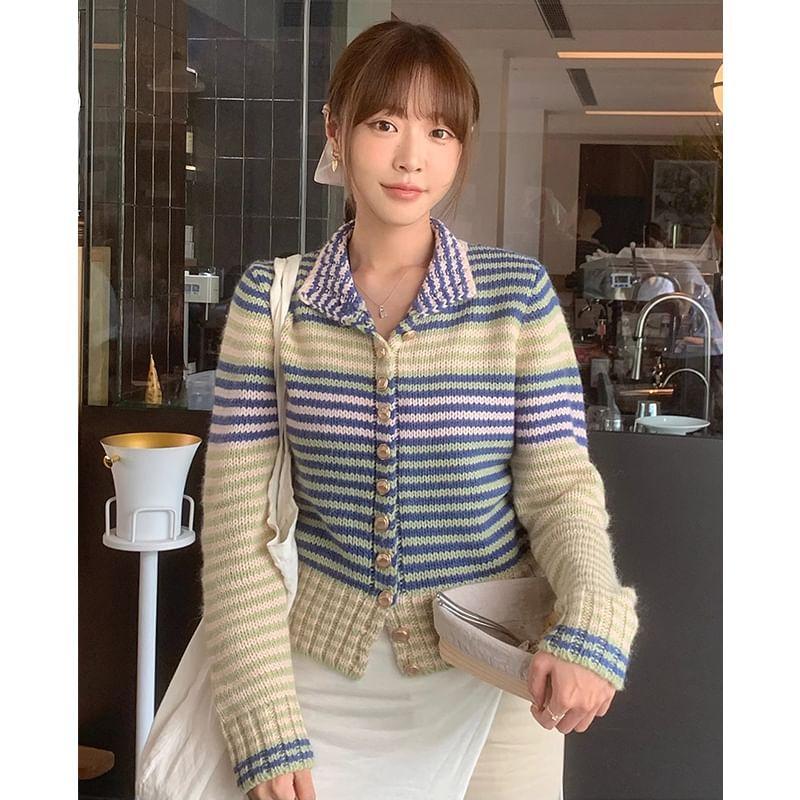 Collared Striped Button-Up Cardigan Product Image