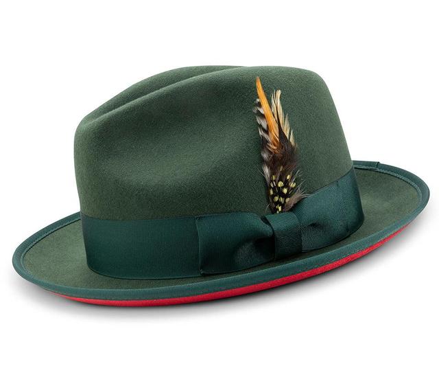 2 ⅜" Brim Wool Felt Dress Hat with Feather Accent Hunter Green with Red Bottom Product Image