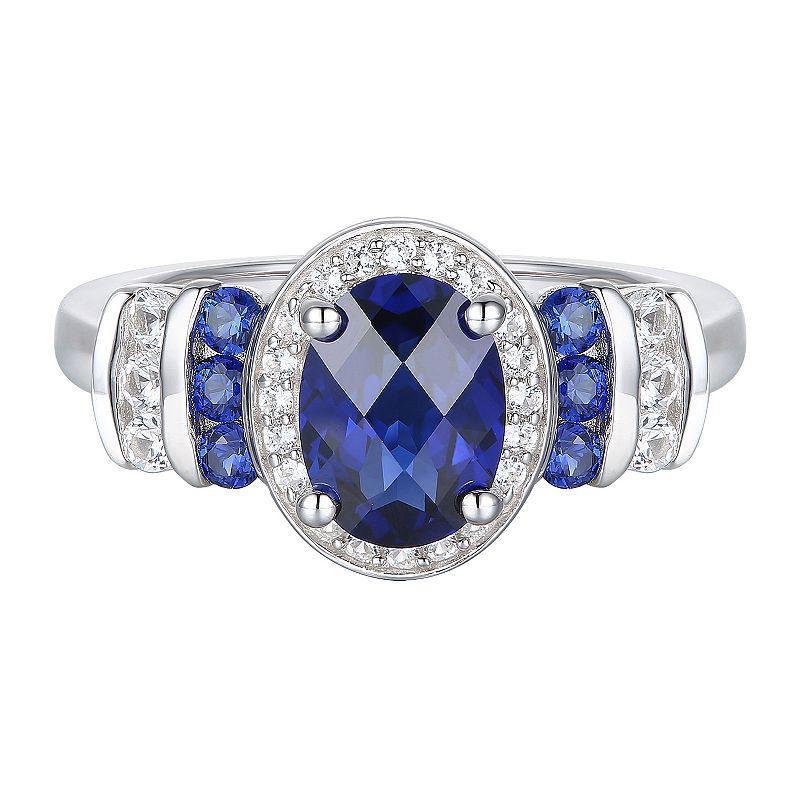 Sterling Silver Lab-Created Blue & White Sapphire Oval Halo Ring, Womens Product Image