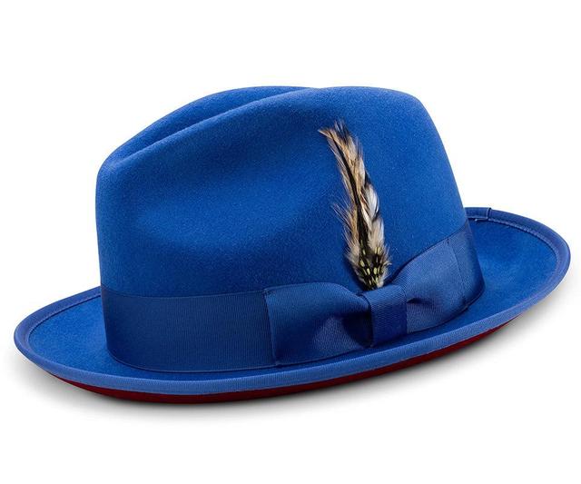 2 ⅜" Brim Wool Felt Dress Hat with Feather Accent Royal Blue with Red Bottom Product Image