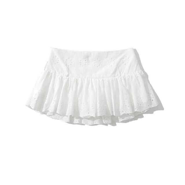 High Waist Plain Eyelet Lace Mini A-Line Skirt Product Image