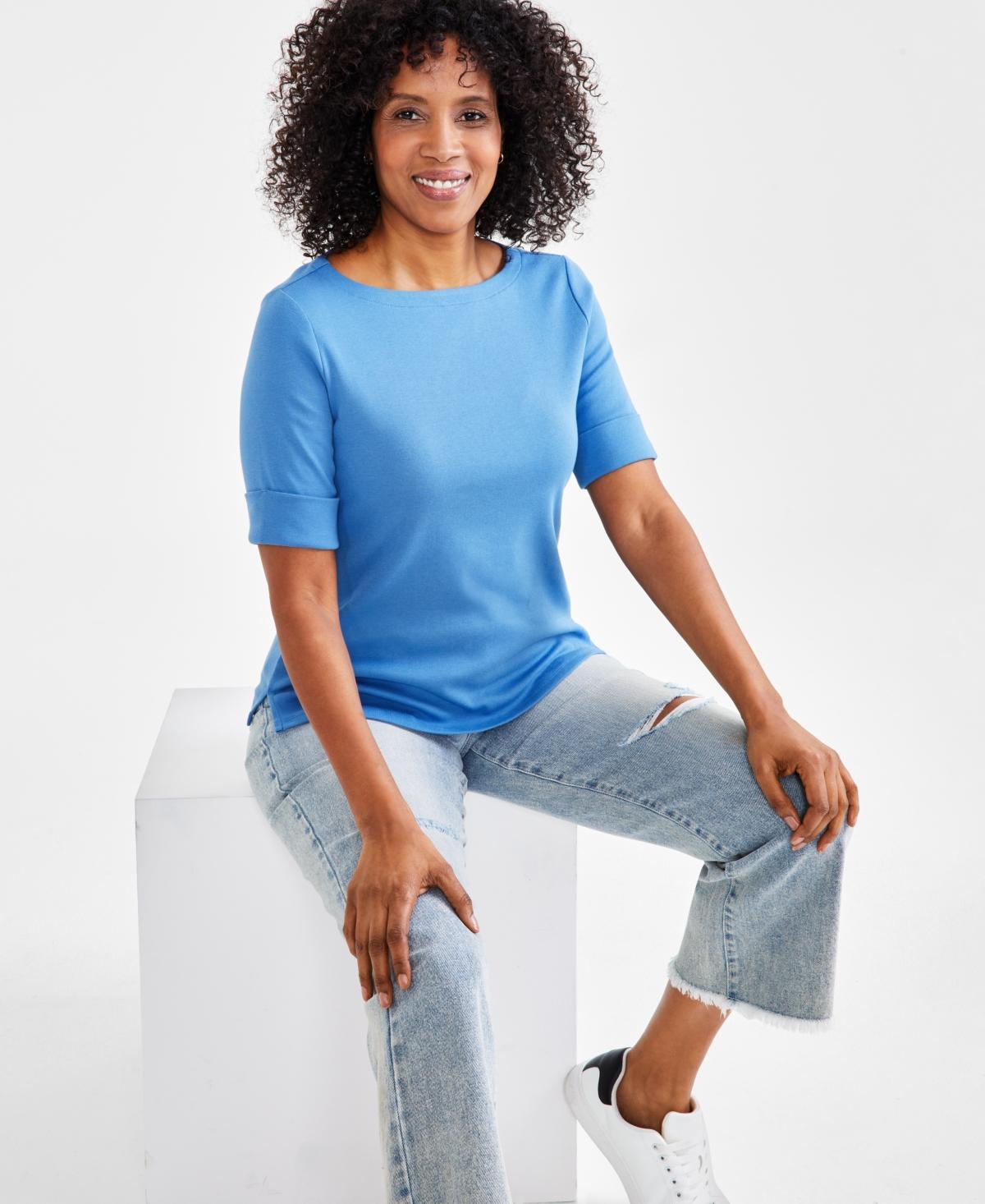 Style & Co Petite Cotton Elbow-Sleeve Boat-Neck Top, Created for Macys Product Image