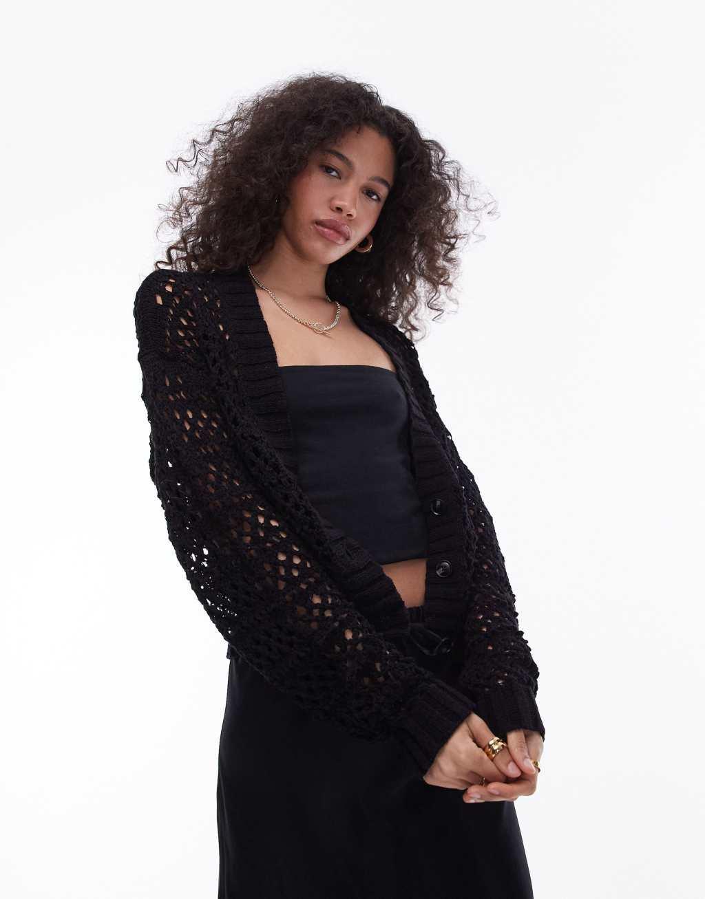 Topshop knit mix stitch cardigan in black Product Image