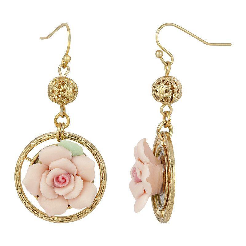 1928 Gold Tone Pink Porcelain Rose Drop Earrings, Womens Product Image