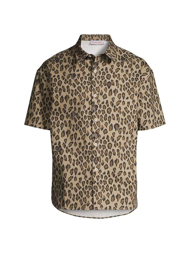 Mens Embellished Leopard Cotton Twill Button-Up Shirt Product Image