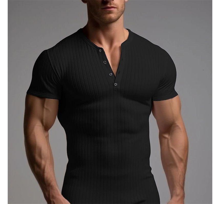 Short-Sleeve Plain Ribbed Henley T-Shirt product image