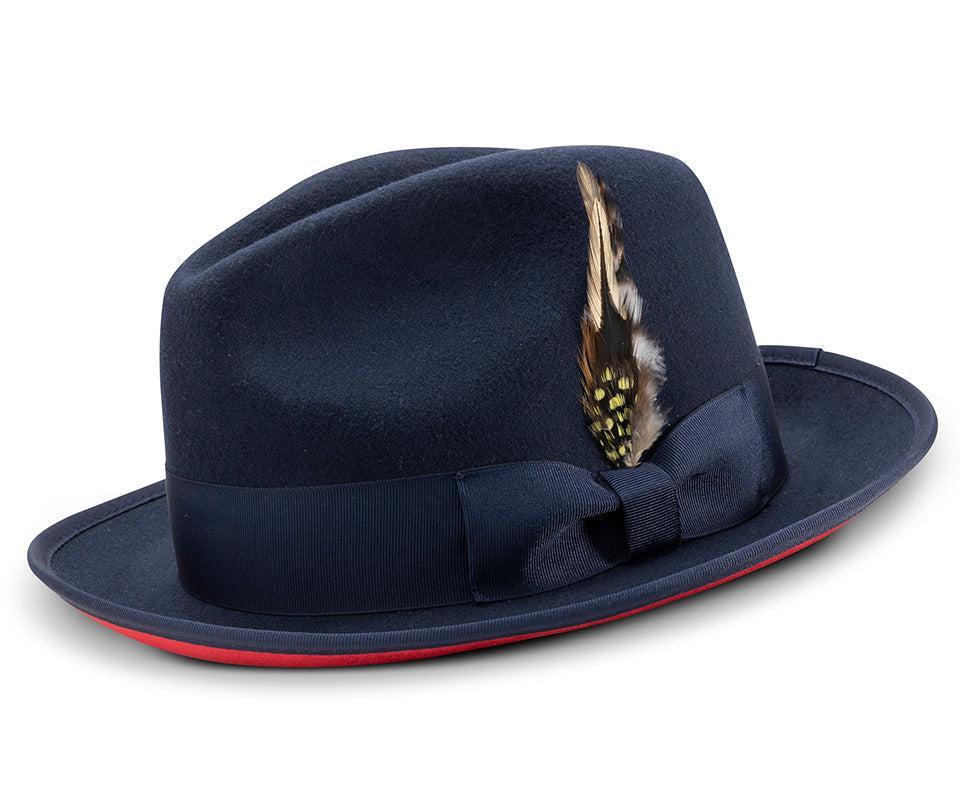 2 ⅜" Brim Wool Felt Dress Hat with Feather Accent Navy with Red Bottom Product Image