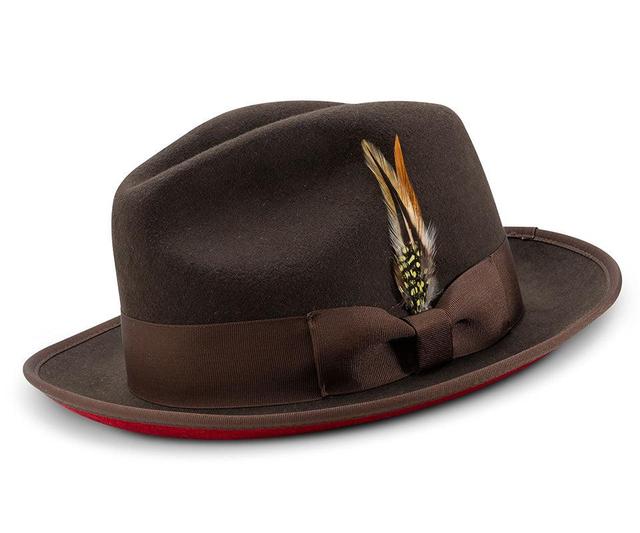 2 ⅜" Brim Wool Felt Dress Hat with Feather Accent Brown with Red Bottom Product Image