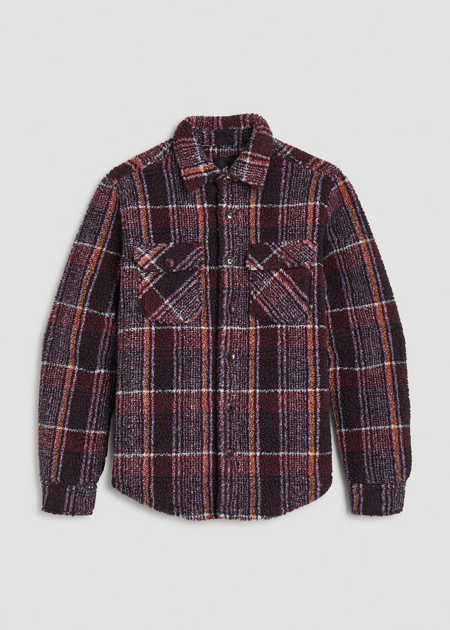 Tall Men's Sherpa Shirt Jacket in Burgundy and Navy Plaid Male Product Image