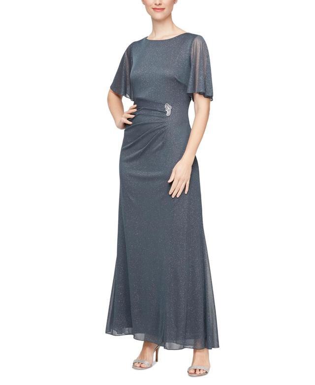 Ignite Evenings Glitter Mesh Ruched Embellished Waist Crew Neck Short Flutter Sleeve Sheath Gown Product Image