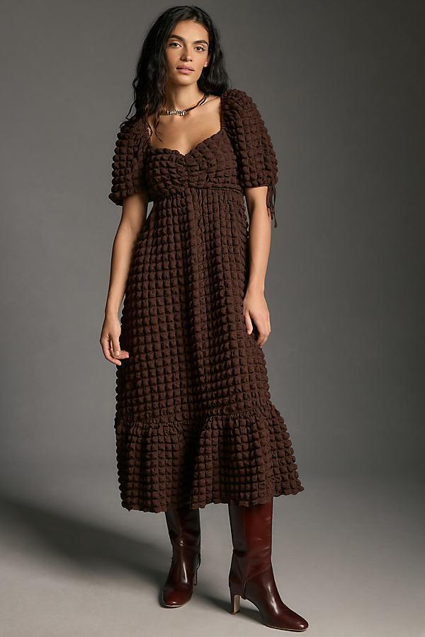 Puff-Sleeve Sweetheart Textured Midi Dress Product Image