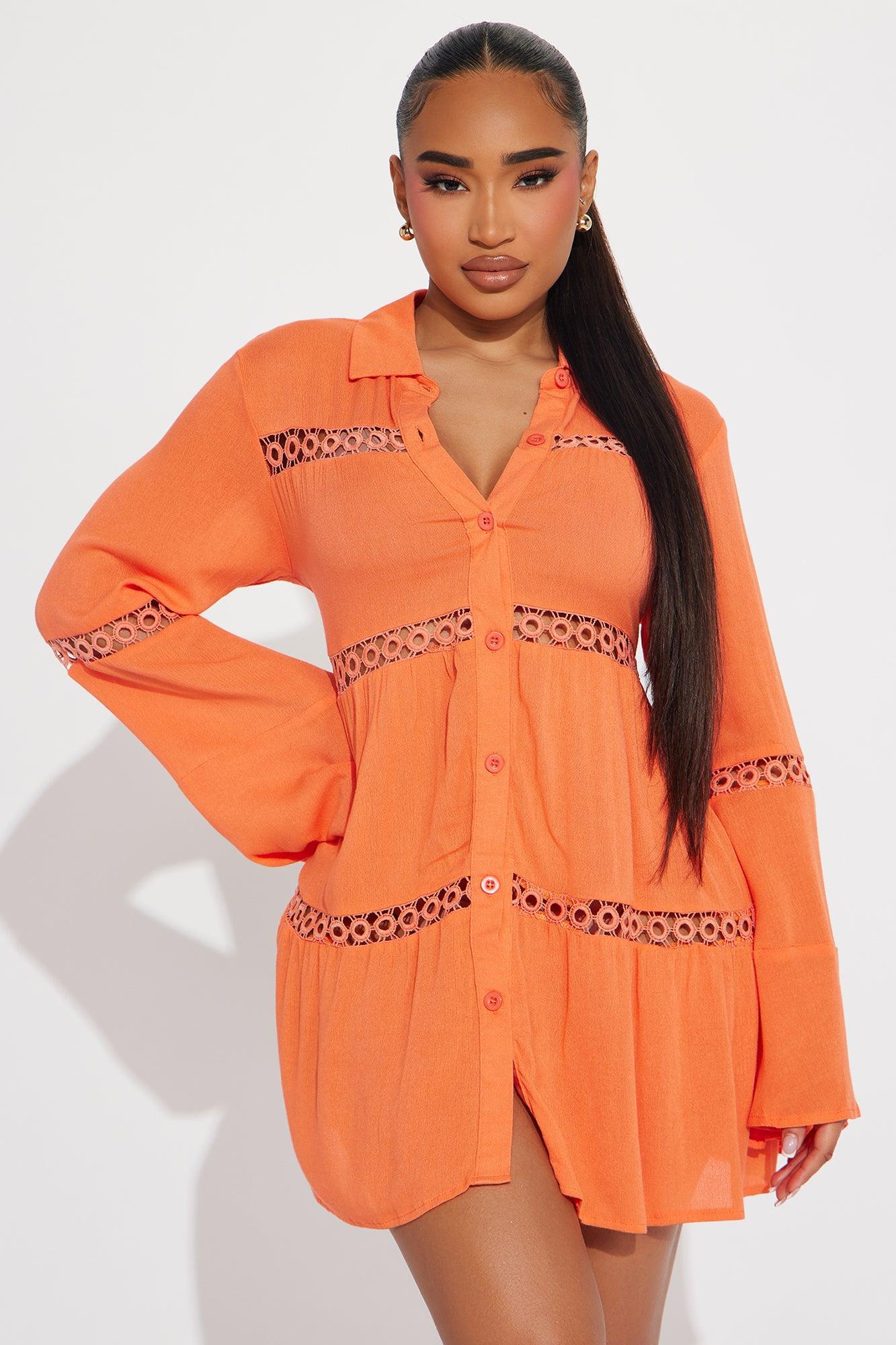 Breezy Paradise Linen Circle Cover Up Shirt Dress - Orange Product Image