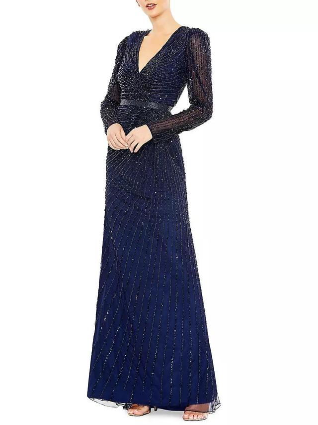 Sequin Wrap-Over Long-Sleeve Gown Product Image