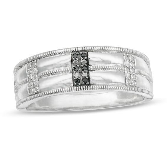 Men's 1/20 CT. T.w. Enhanced Black and White Diamond Double Row Milgrain Ring in Sterling Silver Product Image