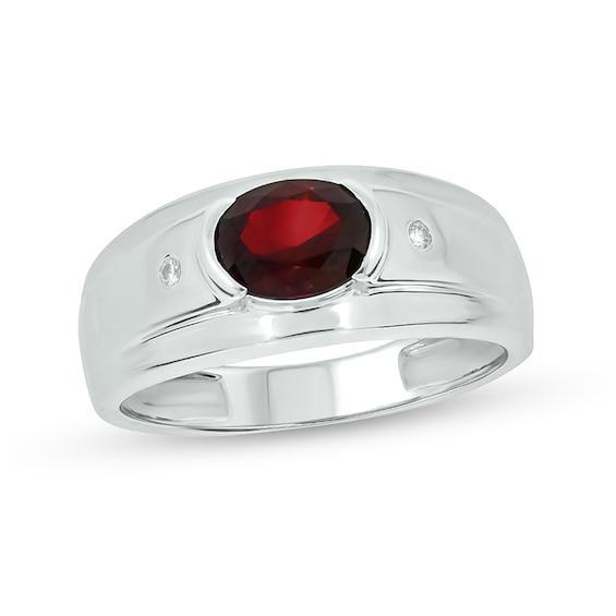 Men's Sideways Oval Lab-Created Ruby and Diamond Accent Bevelled Edge Ring in Sterling Silver Product Image