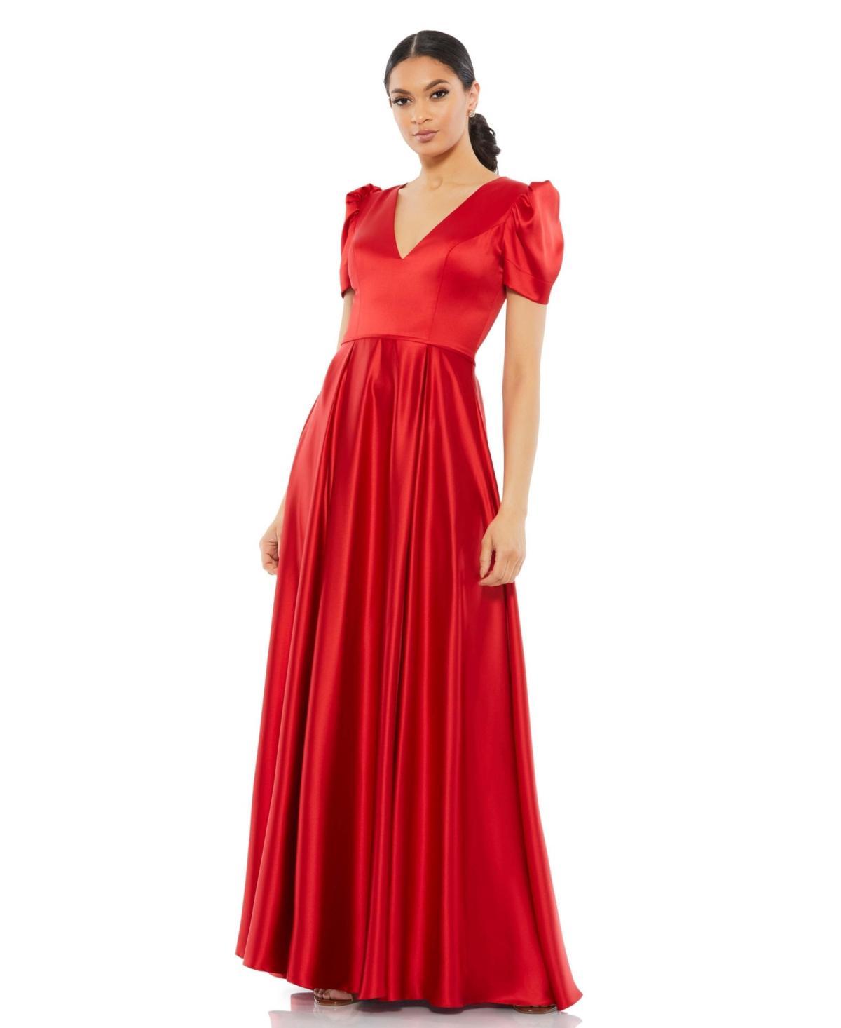 Mac Duggal Puff Sleeve Satin A-Line Gown Product Image