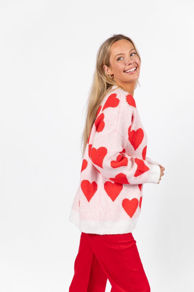 Falling For You Ivory and Red Oversized Pearl Embellished Heart Sweater Product Image