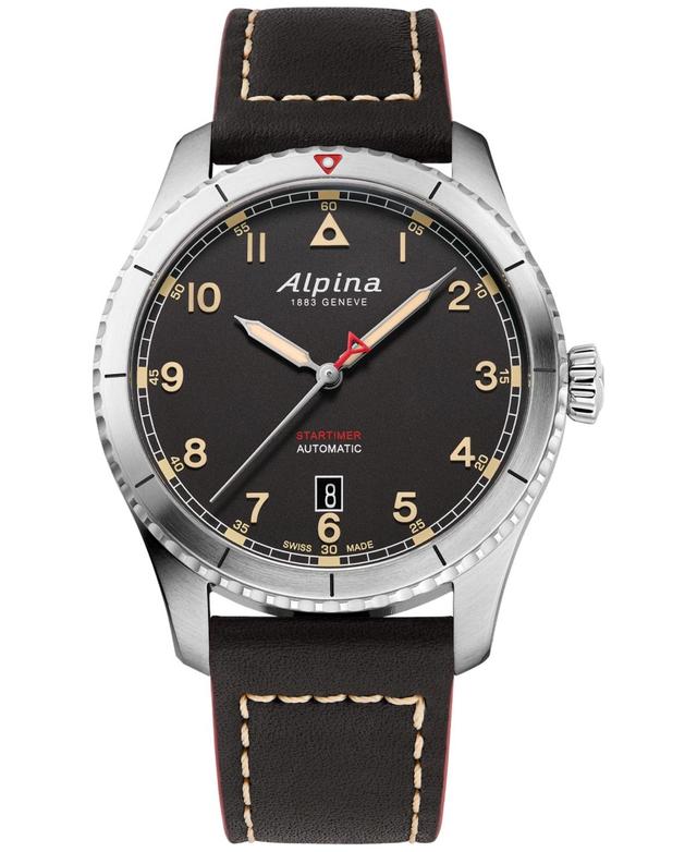 Alpina Mens Swiss Automatic Startimer Black Leather Strap Watch 41mm - Black Product Image