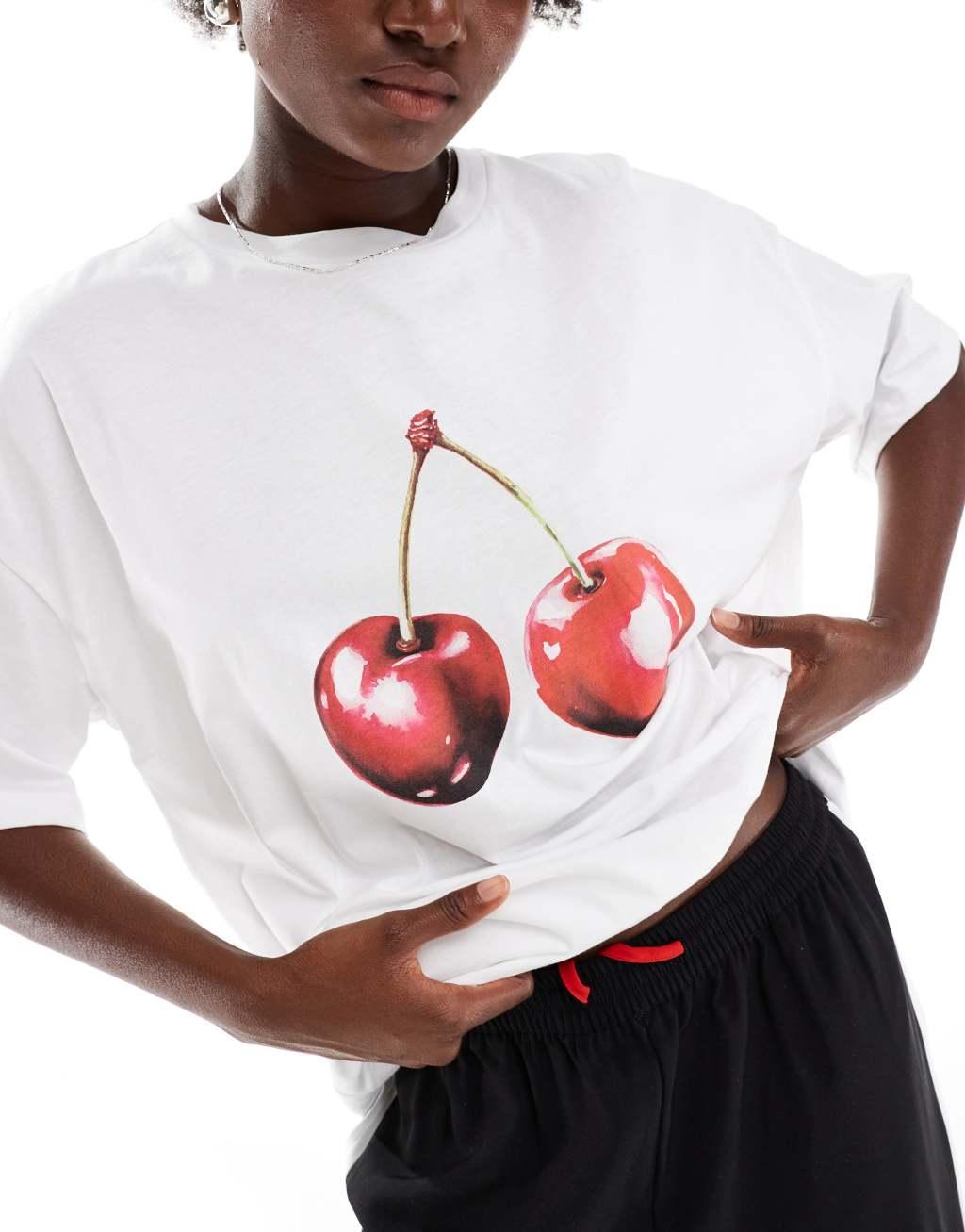 ASOS DESIGN oversized t-shirt with cherry graphic in white Product Image