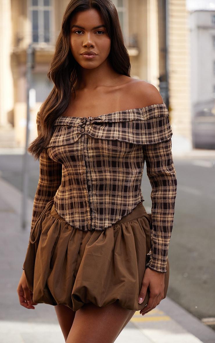 Brown Plisse Chiffon Check Bardot Blouse Product Image