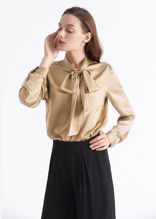 Women Bow-tie Neck Silk Blouse Product Image