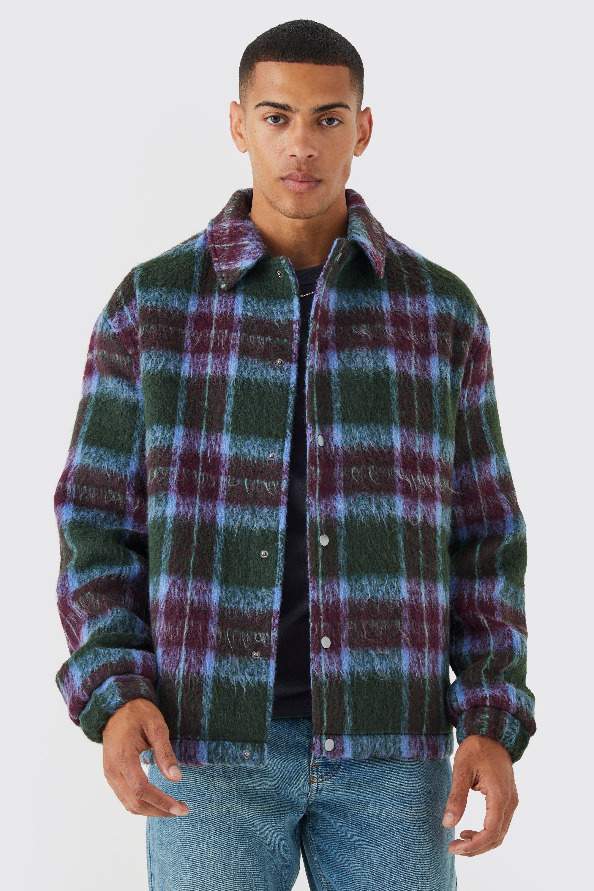 Mens Green Oversized Wool Look Check Harrington Jacket, Green Product Image