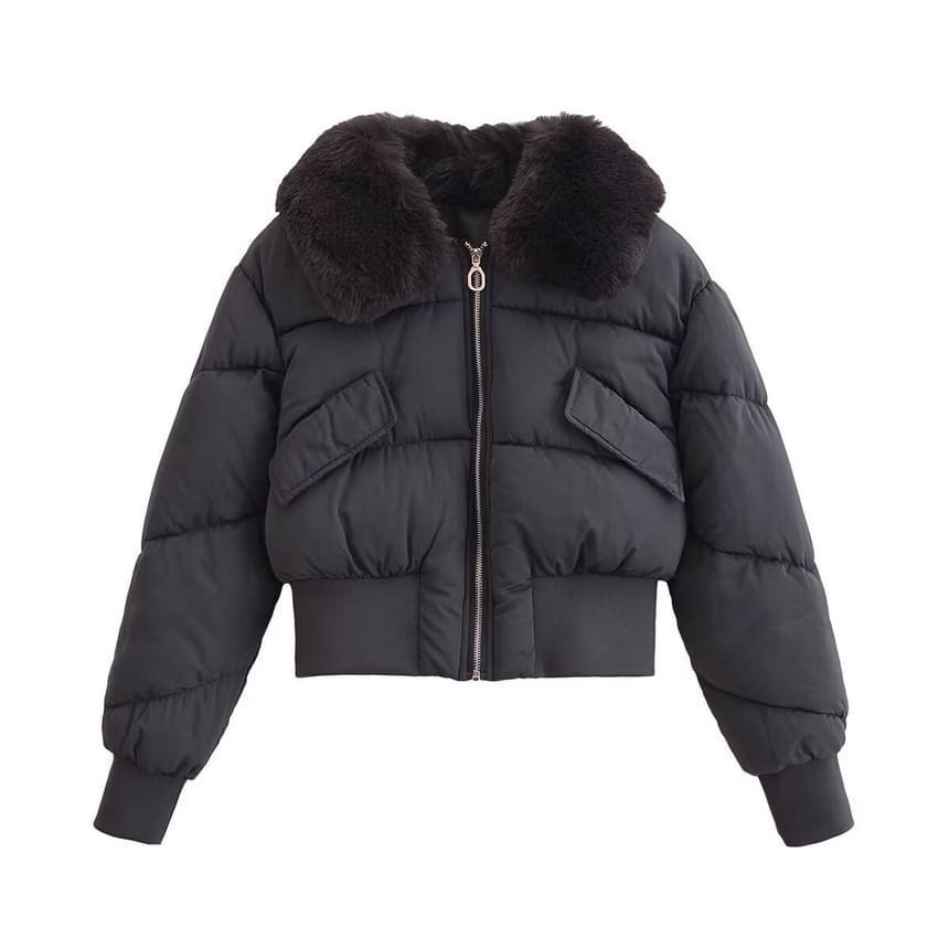 Collared Faux Fur Plain Zip Up Cropped Puffer Jacket Product Image