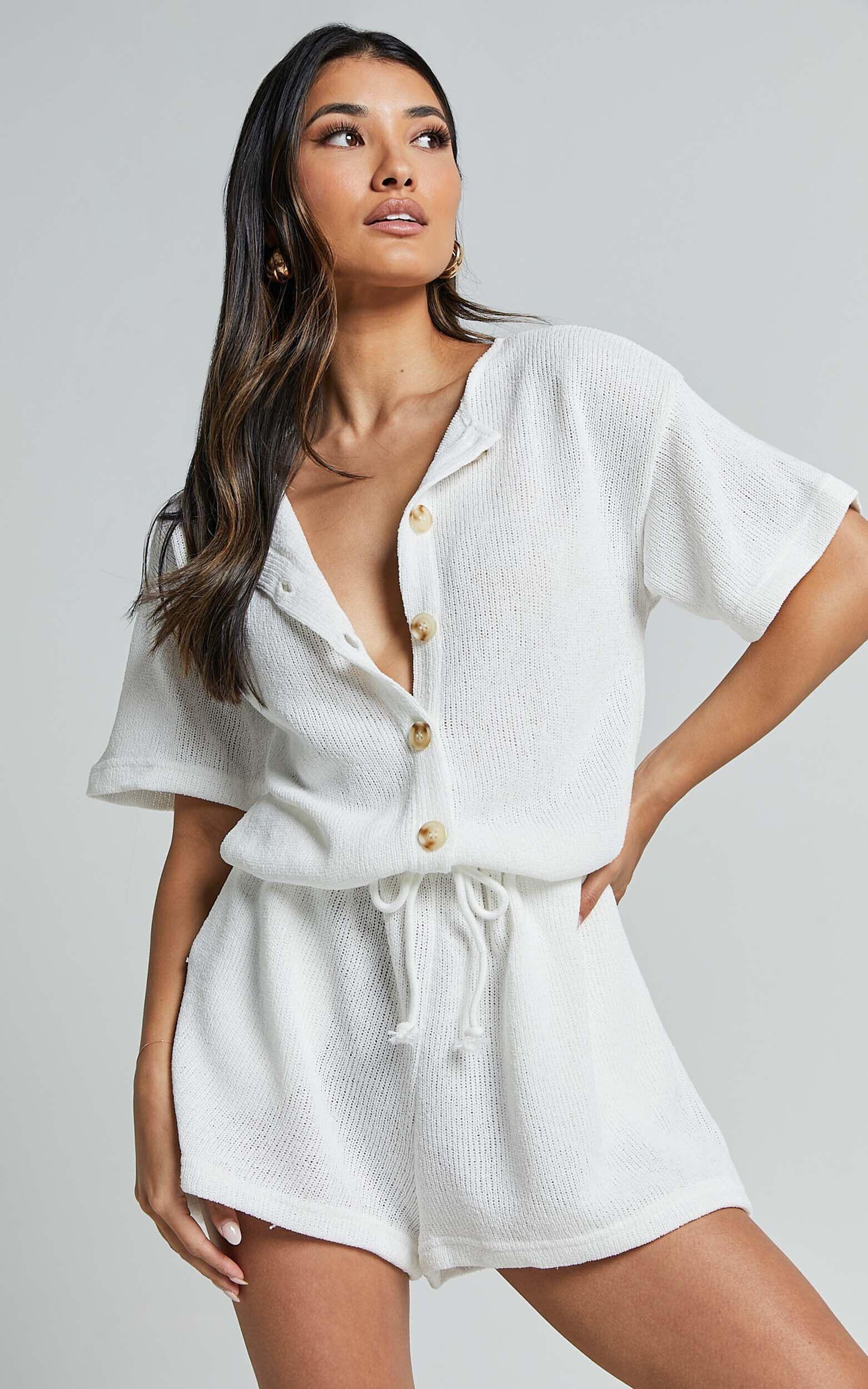 Edeline Playsuit - Button Front Short Sleeve Drawstring Waist in Off White Product Image