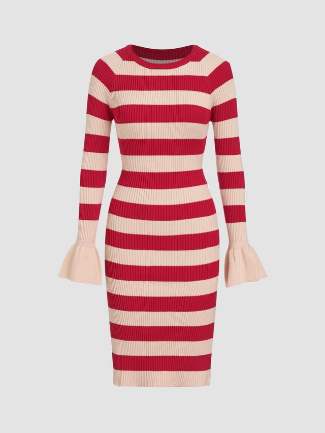 Round Neck Ruffle Hem Stripe Knitted Midi Dress Product Image