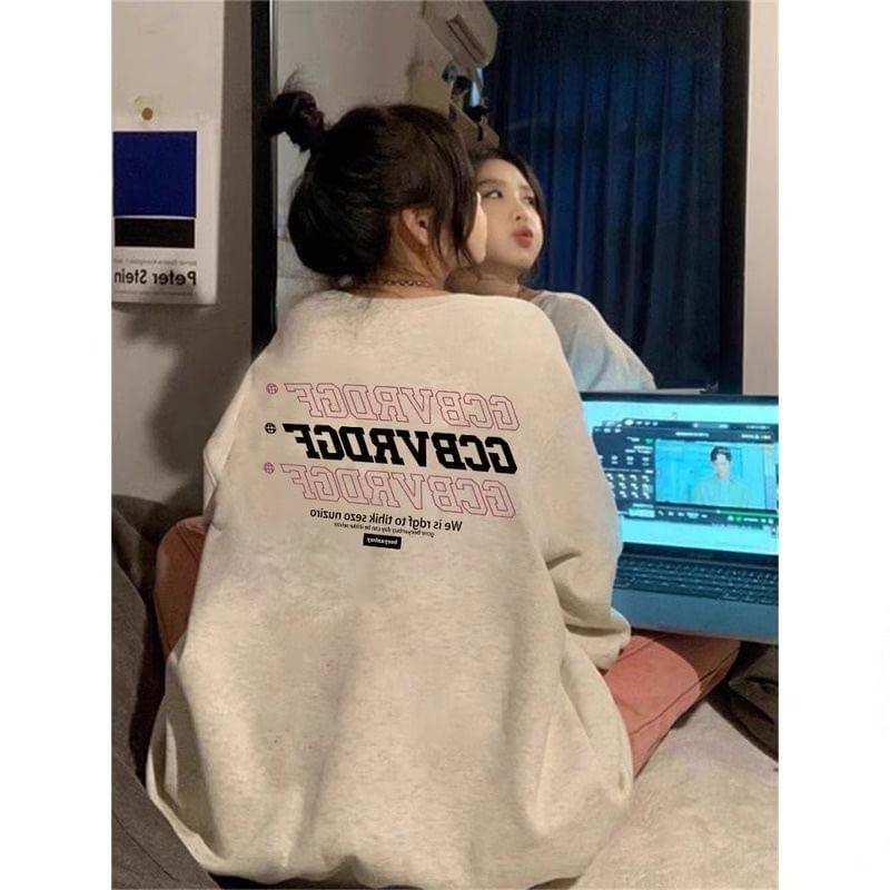 Round Neck Lettering Printed Oversized Sweatshirt Product Image