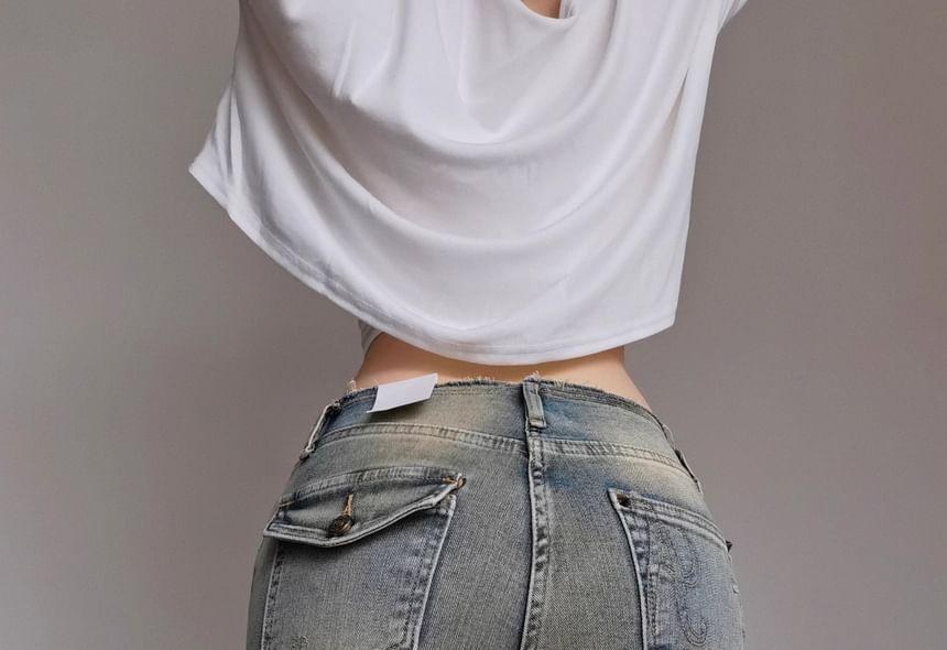 Low Waist Studded Washed Ripped Flared Jeans Product Image